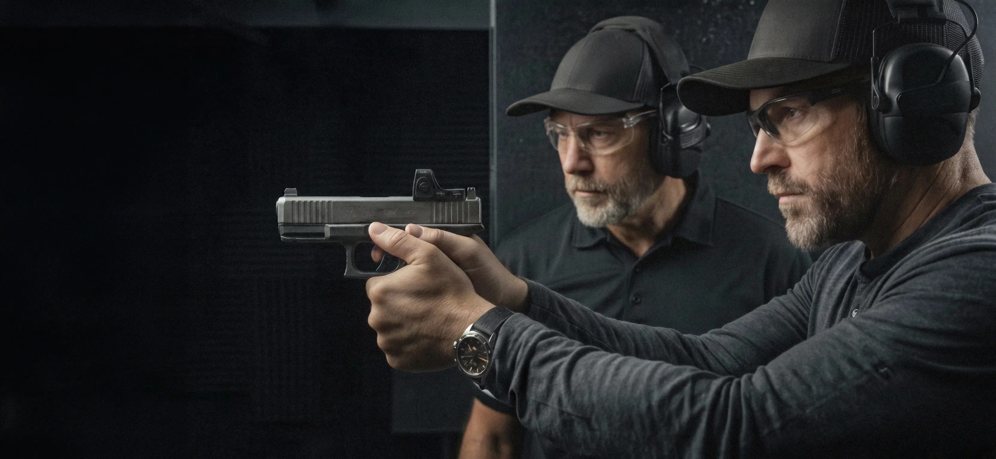 Learner wearing eye and ear protection aiming a handgun at an indoor range, with an instructor alongside