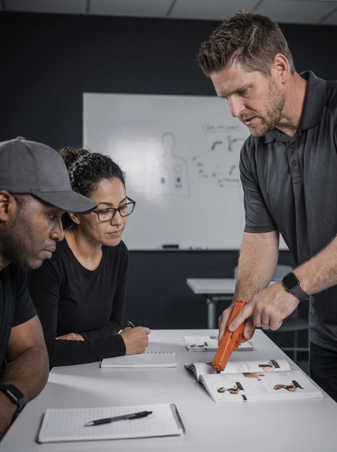 Instructor using an orange training pistol to show two learners a technique from the manual in a classroom