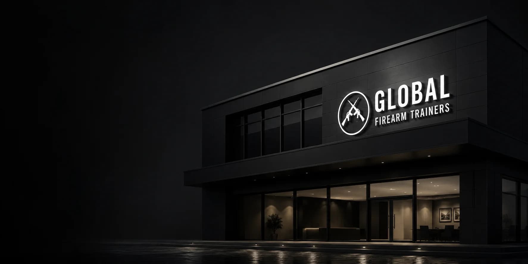 Illustration of a modern building at night with an illuminated Global Firearm Trainers sign