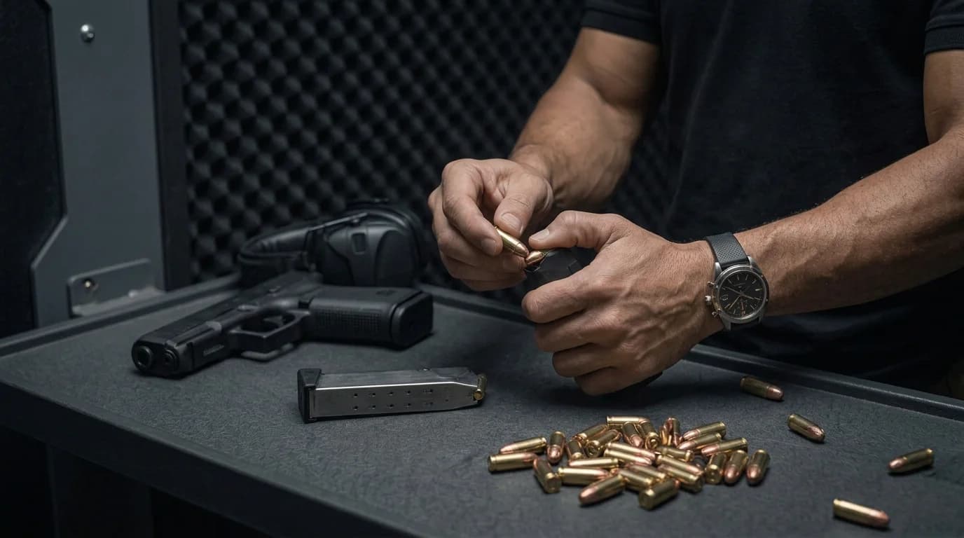 Close-up of hands loading a cartridge into a handgun magazine beside a pile of loose rounds