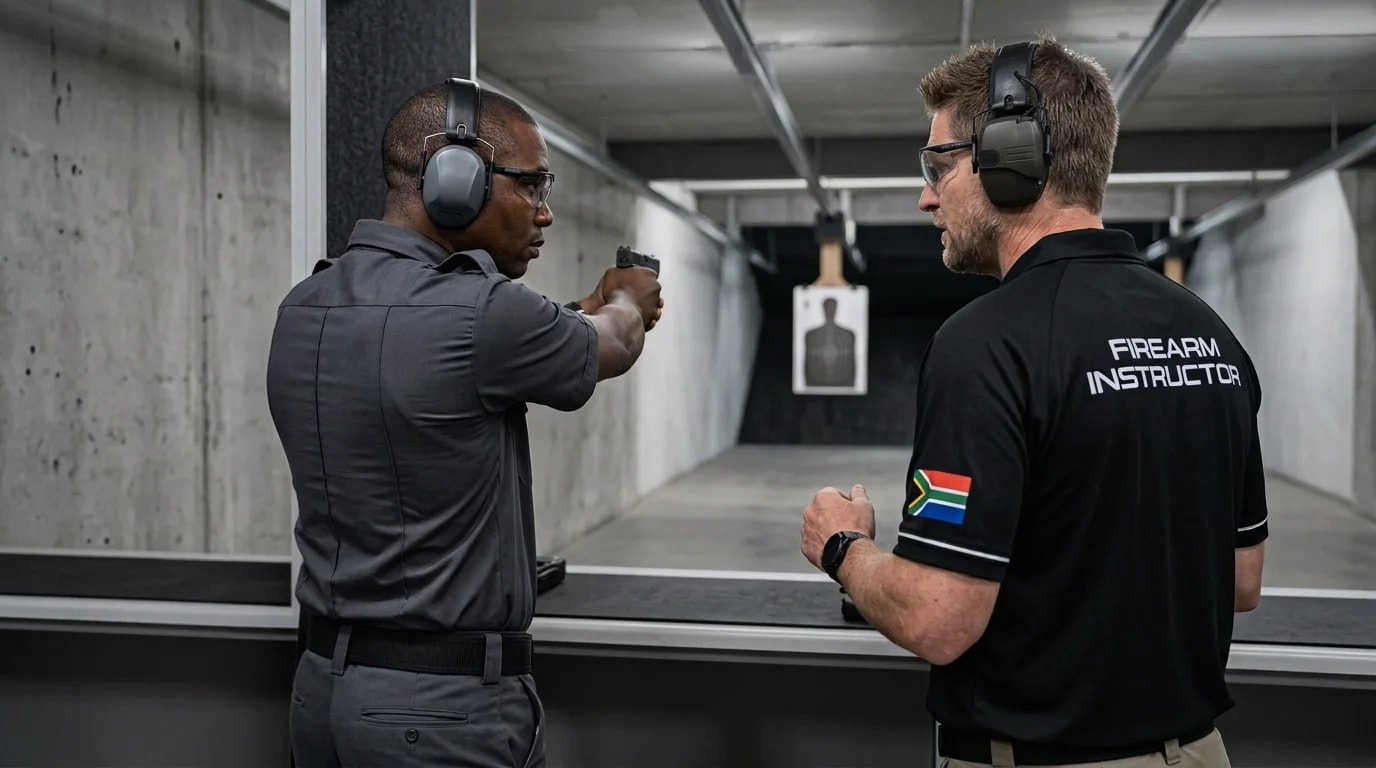 A firearm instructor in a GFT shirt with the South African flag coaching a shooter at an indoor range